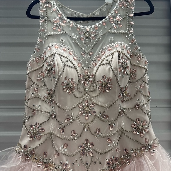 Blush Pink Ball Gown Quinceañera Prom Dress Rhinestone Corset Ruffle Tulle L/XL - Picture 4 of 14
